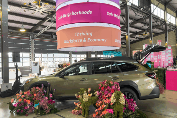 Michigan Humane at Eastern Market — floral arrangements, pink decor,