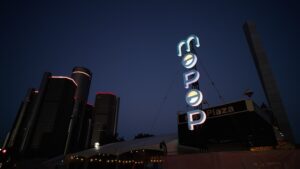 Mo Pop Festival custom 3D fabrication, nighttime view.