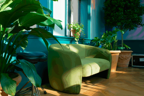 Green sofa and potted plants at the Book Tower Celebration