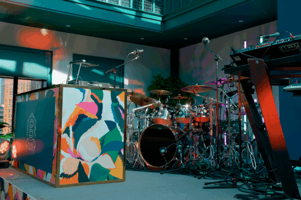 Drums and podium at the 2023 Book Tower Celebration