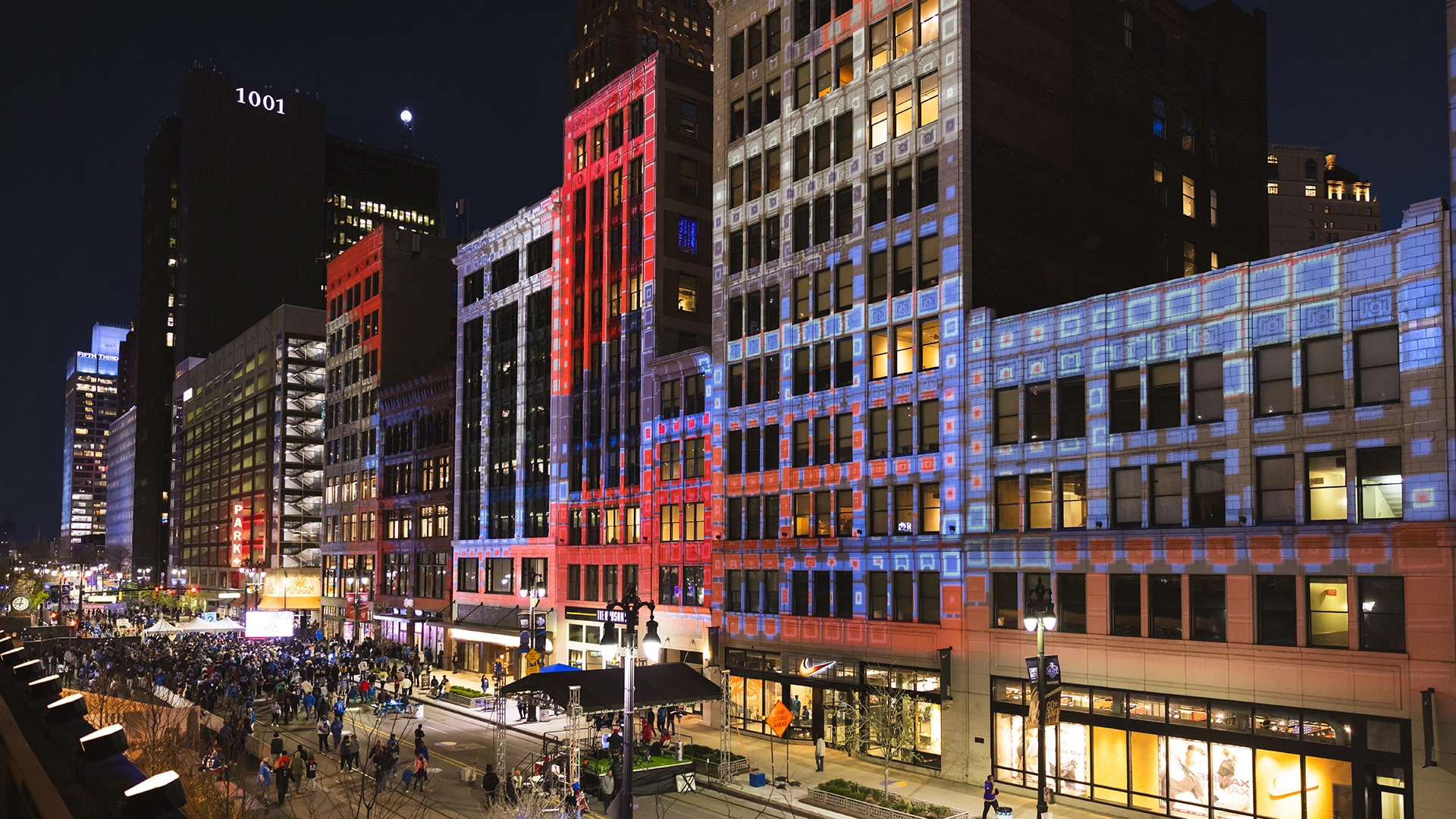 2024 NFL draft projection mapping lights up several downtown Detroit buildings