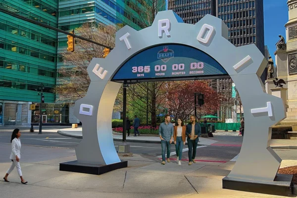 NFL Draft countdown clock at 365 days installed near Campus Martius with downtown Detroit in the background