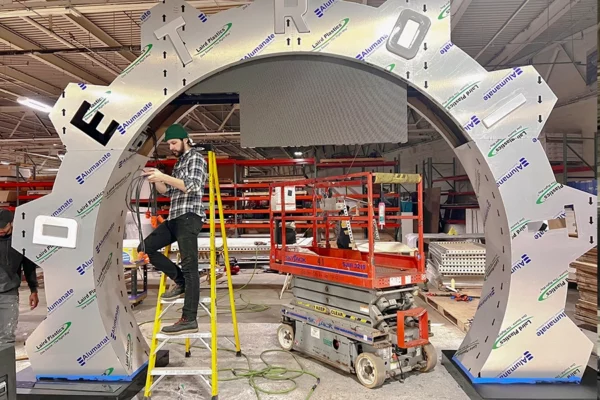 NFL Draft countdown clock arch under construction inside Display Group's fabrication facility in Detroit