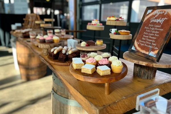 Desserts on wooden displays
