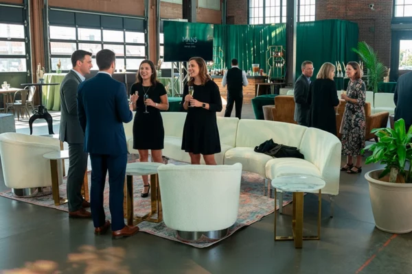 Guests around rental furniture