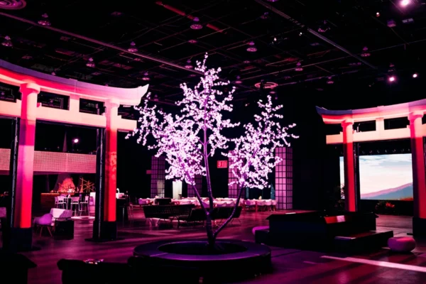 Illuminated cherry blossom trees and torii gates at UWM holiday party