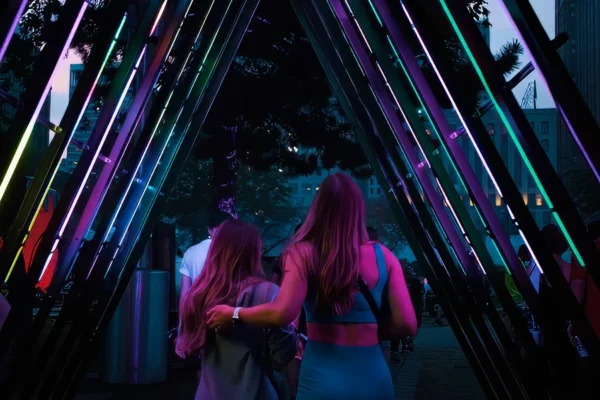 Walking through lighted walkway