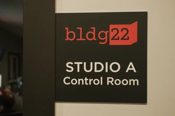 Close-up of the bldg22 Studio A Control Room entrance sign