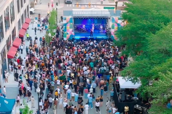 Aerial view of outdoor concert crowd at Book Tower grand opening