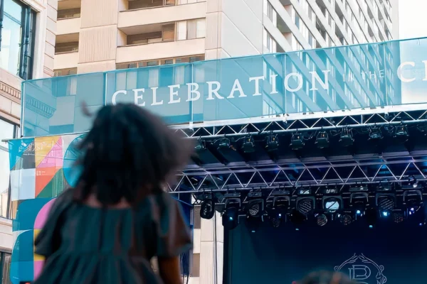 Book Tower Celebration stage and signage on outdoor facade
