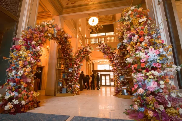Floral arch entrance installation inside Book Tower lobby