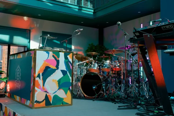 Custom stage set and drum kit at Book Tower grand opening