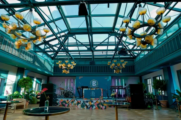 Book Tower lobby atrium decorated for grand opening celebration