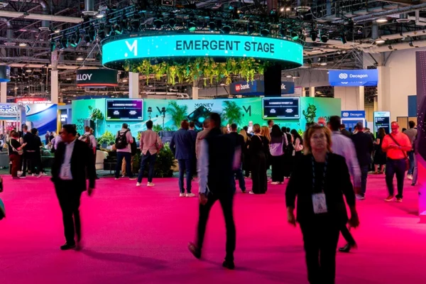 Money 20/20 expo floor with Emergent Stage and pink carpet