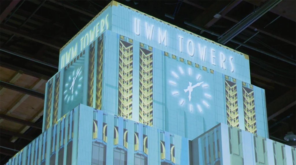 Close-up of UWM Towers art deco building prop with projection mapping