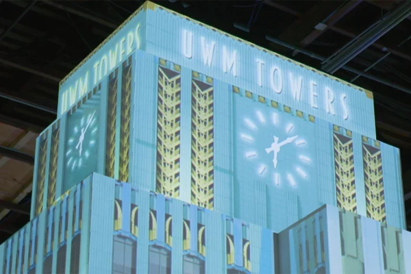 Close-up of UWM Towers art deco building prop with projection mapping