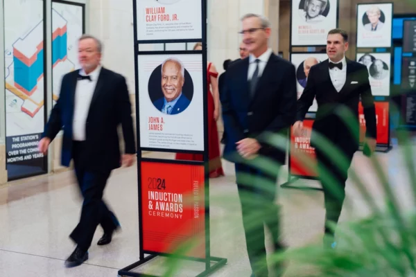 Inductee display panels inside Michigan Central for AHOF ceremony