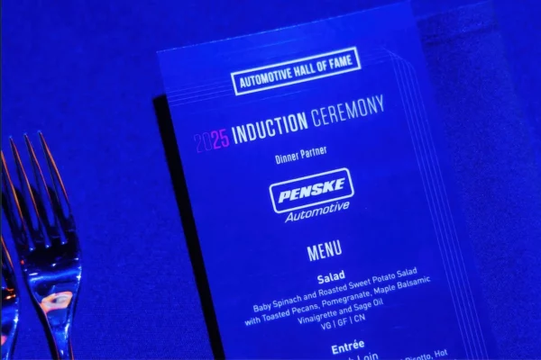 Acrylic menu card at 2025 Automotive Hall of Fame Induction Ceremony dinner