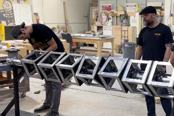 Two fabricators assembling metal armature components for Bedrock sculpture
