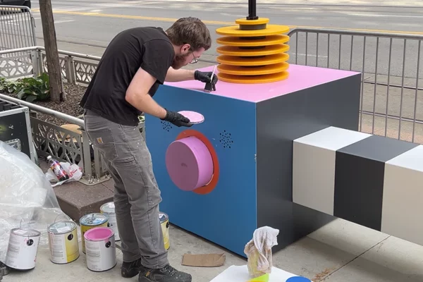 Crew member painting colorful Bedrock sculpture on Detroit sidewalk