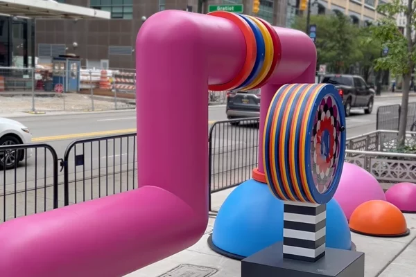 Pink pipe and spinning wheel elements of Bedrock streetscape sculpture