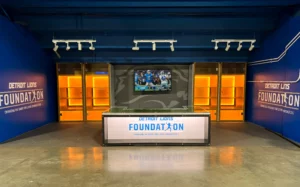 Custom display cases at the Detroit Lion's Foundation Fan Cave