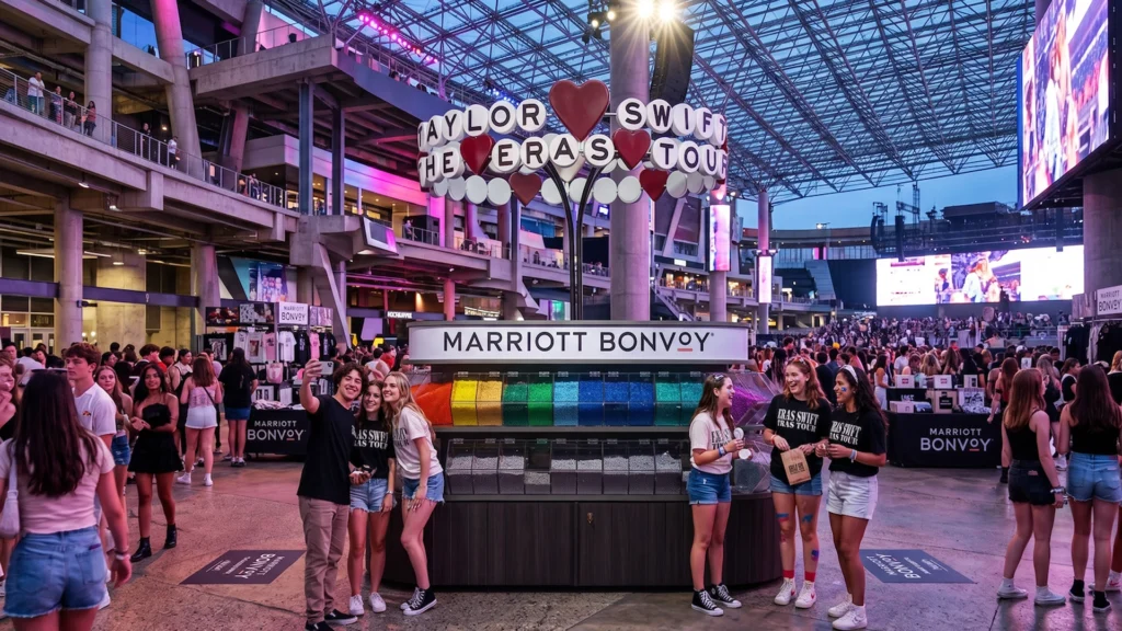 Fans gather around a colorful custom built Taylor Swift Eras Tour display