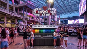 Fans gather around a colorful custom built Taylor Swift Eras Tour display