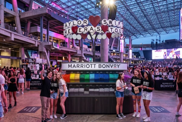 Fans gather around a colorful custom built Taylor Swift Eras Tour display