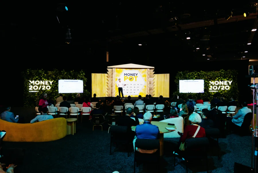 The Money2020 Fintech, financial services event stage design and custom fabrication.